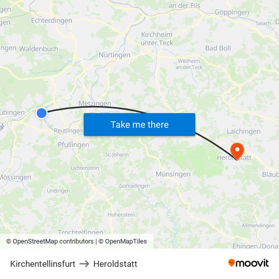 Kirchentellinsfurt to Heroldstatt map