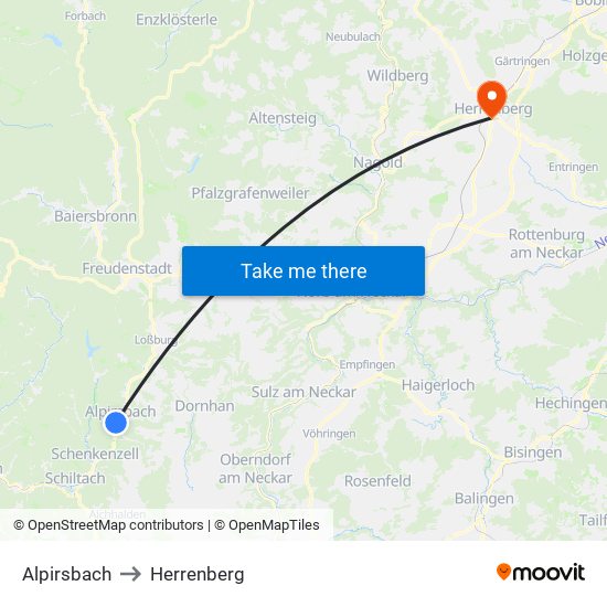 Alpirsbach to Herrenberg map