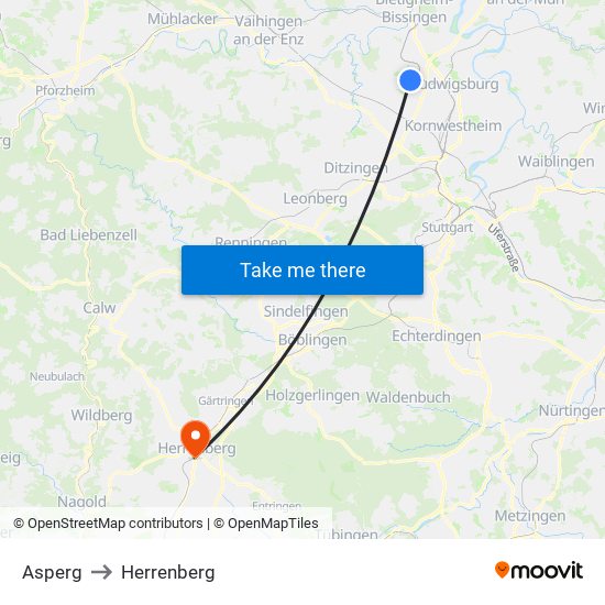 Asperg to Herrenberg map