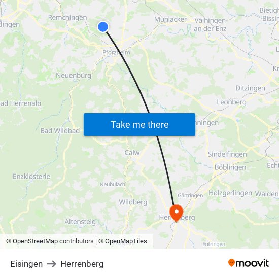 Eisingen to Herrenberg map