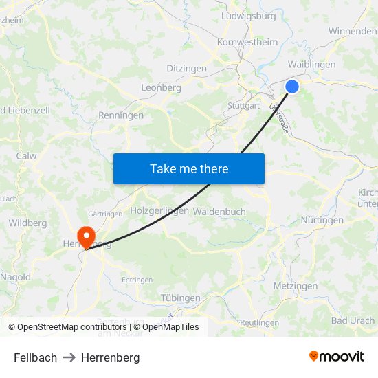 Fellbach to Herrenberg map