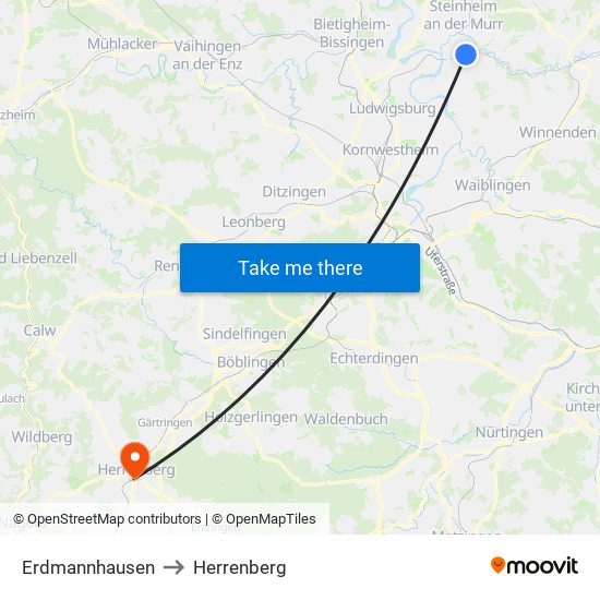 Erdmannhausen to Herrenberg map