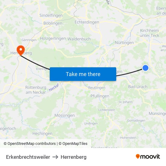 Erkenbrechtsweiler to Herrenberg map