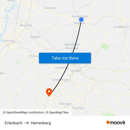 Erlenbach to Herrenberg map