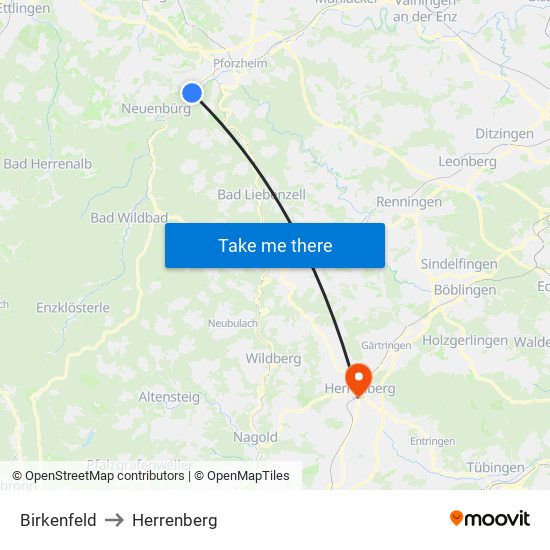 Birkenfeld to Herrenberg map