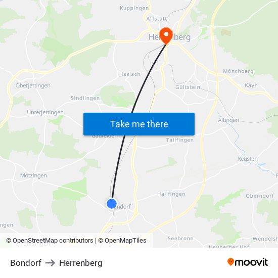 Bondorf to Herrenberg map