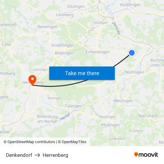 Denkendorf to Herrenberg map