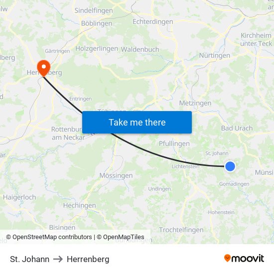 St. Johann to Herrenberg map