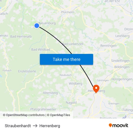 Straubenhardt to Herrenberg map