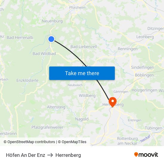 Höfen An Der Enz to Herrenberg map