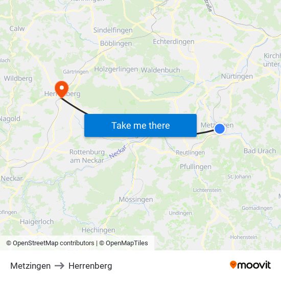 Metzingen to Herrenberg map