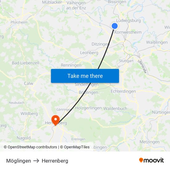Möglingen to Herrenberg map