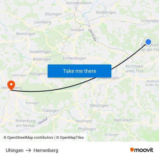 Uhingen to Herrenberg map