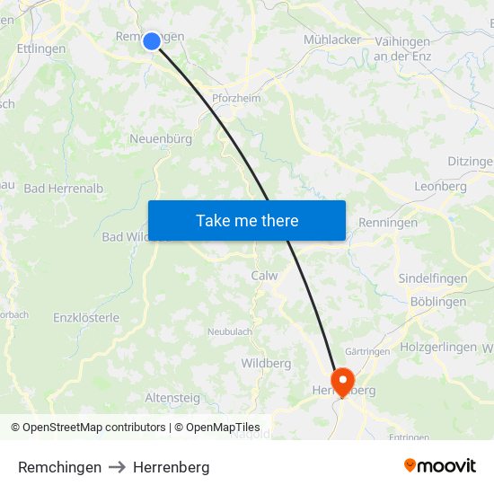 Remchingen to Herrenberg map