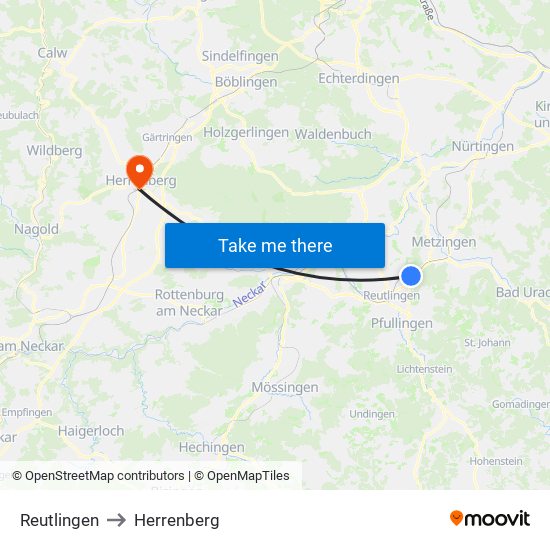 Reutlingen to Herrenberg map