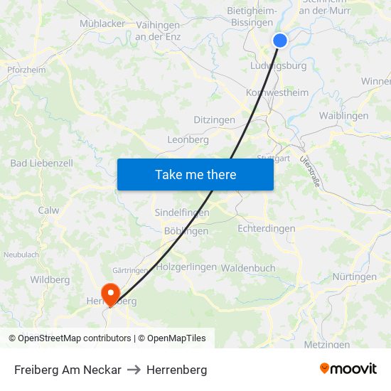 Freiberg Am Neckar to Herrenberg map