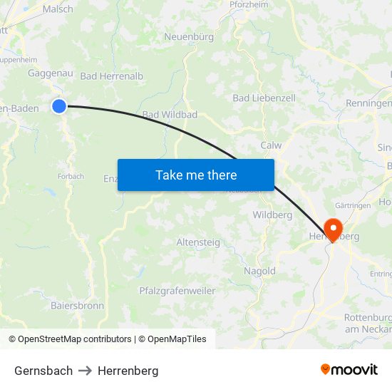 Gernsbach to Herrenberg map