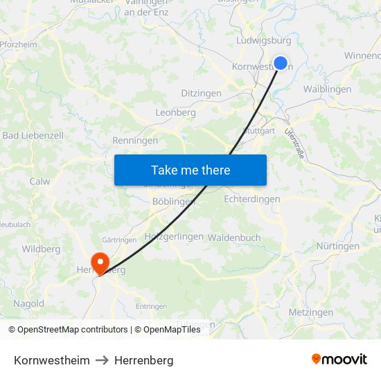 Kornwestheim to Herrenberg map