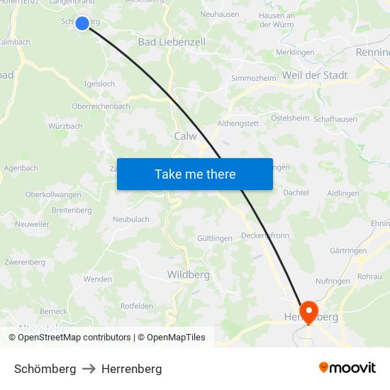 Schömberg to Herrenberg map