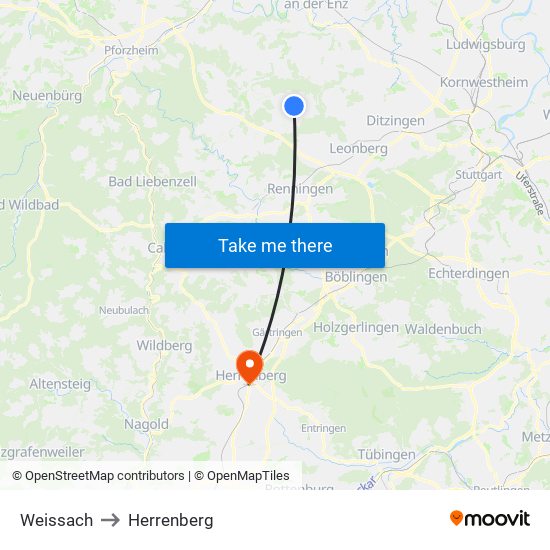 Weissach to Herrenberg map