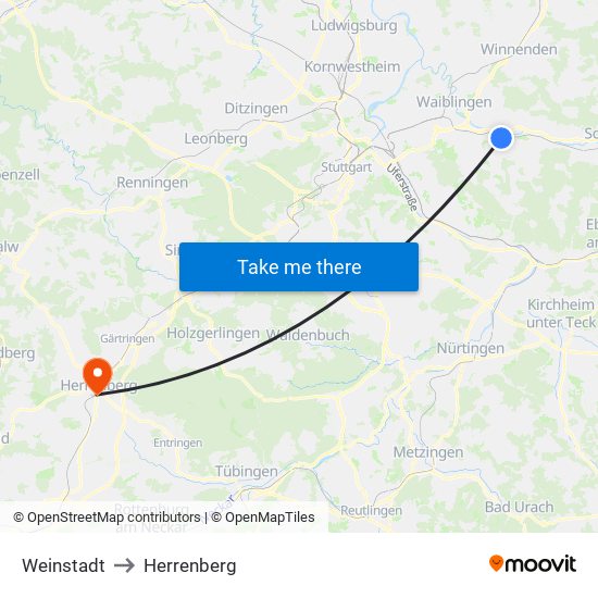 Weinstadt to Herrenberg map
