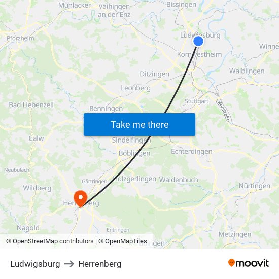 Ludwigsburg to Herrenberg map