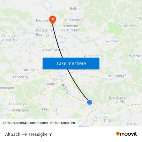 Altbach to Hessigheim map