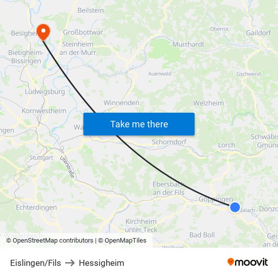 Eislingen/Fils to Hessigheim map