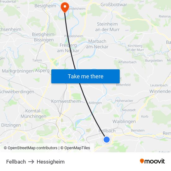 Fellbach to Hessigheim map