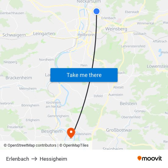 Erlenbach to Hessigheim map