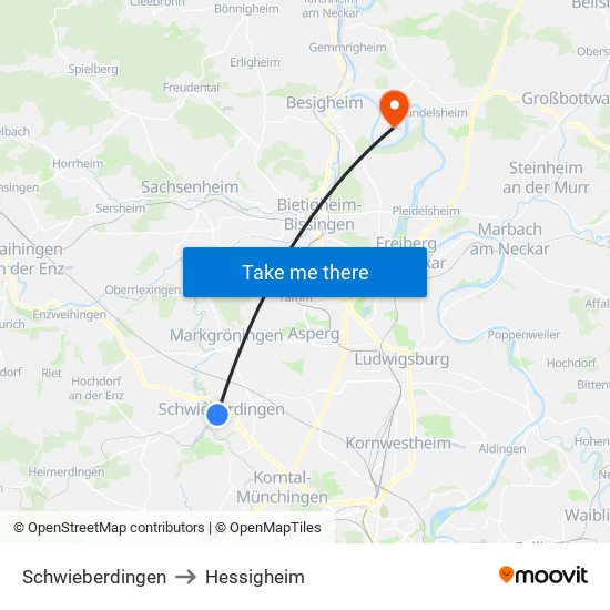 Schwieberdingen to Hessigheim map