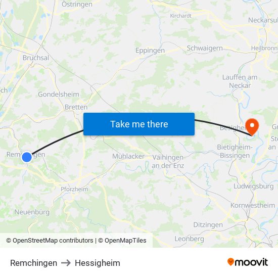 Remchingen to Hessigheim map