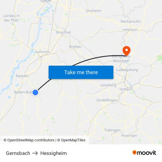 Gernsbach to Hessigheim map