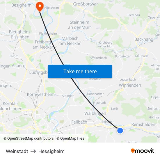 Weinstadt to Hessigheim map