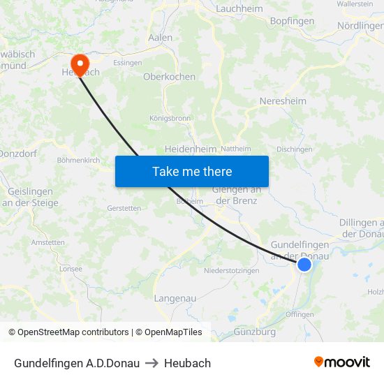 Gundelfingen A.D.Donau to Heubach map