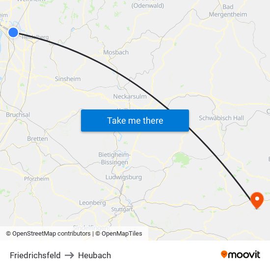 Friedrichsfeld to Heubach map