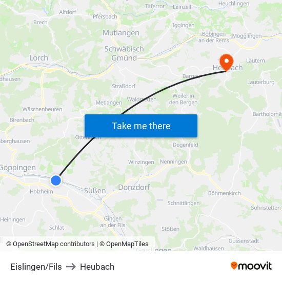 Eislingen/Fils to Heubach map