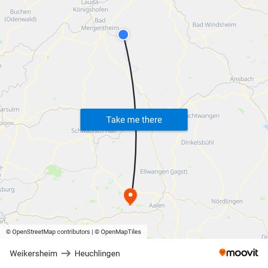 Weikersheim to Heuchlingen map