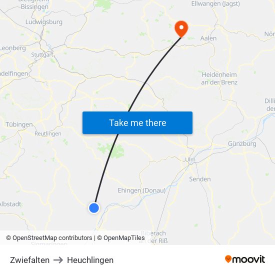 Zwiefalten to Heuchlingen map
