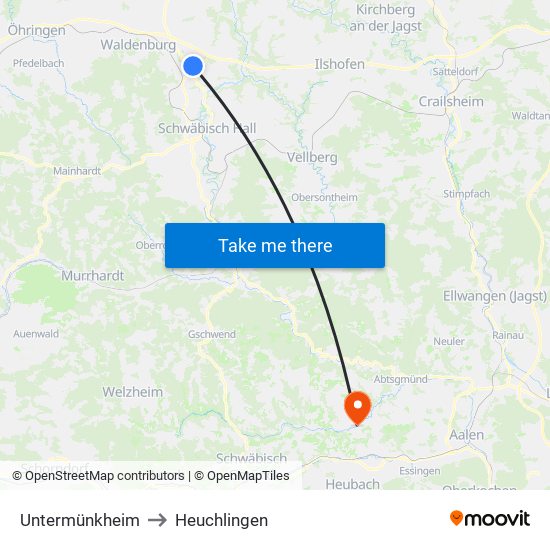 Untermünkheim to Heuchlingen map