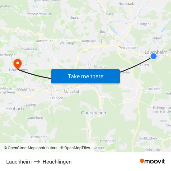 Lauchheim to Heuchlingen map