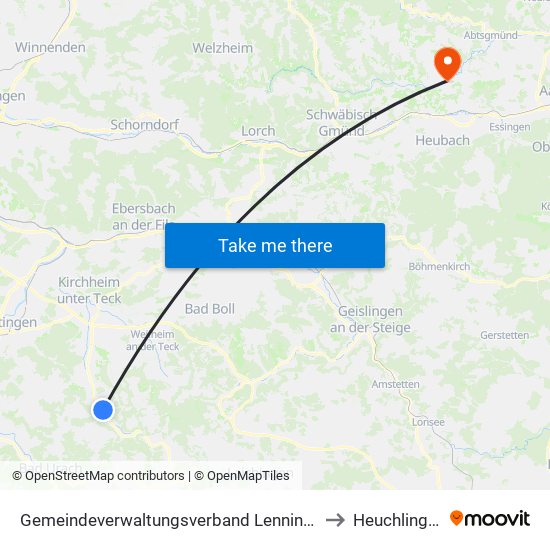 Gemeindeverwaltungsverband Lenningen to Heuchlingen map