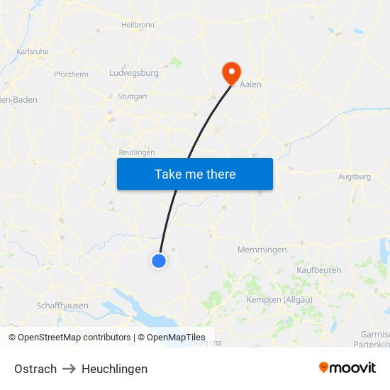 Ostrach to Heuchlingen map