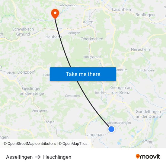 Asselfingen to Heuchlingen map