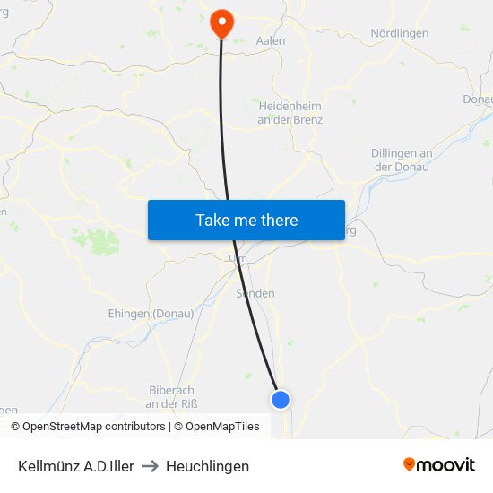 Kellmünz A.D.Iller to Heuchlingen map