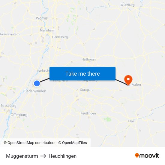 Muggensturm to Heuchlingen map