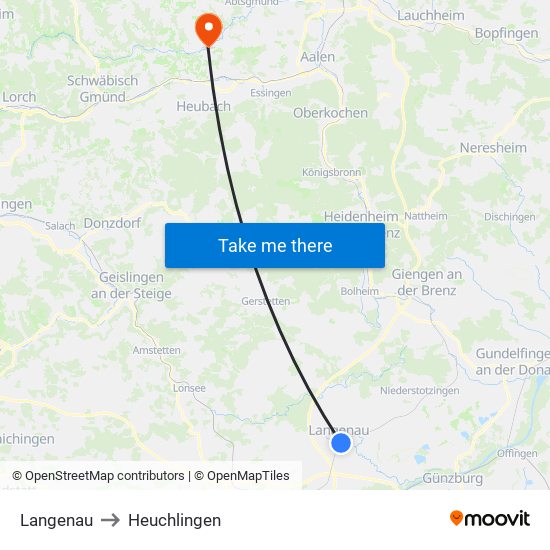 Langenau to Heuchlingen map