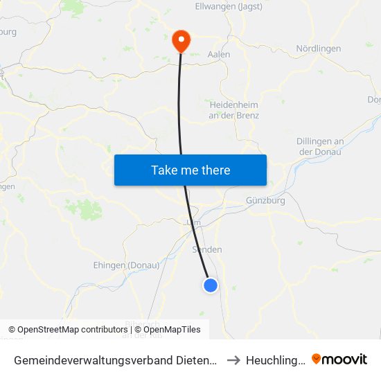 Gemeindeverwaltungsverband Dietenheim to Heuchlingen map