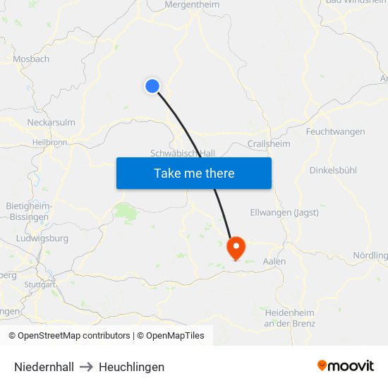 Niedernhall to Heuchlingen map