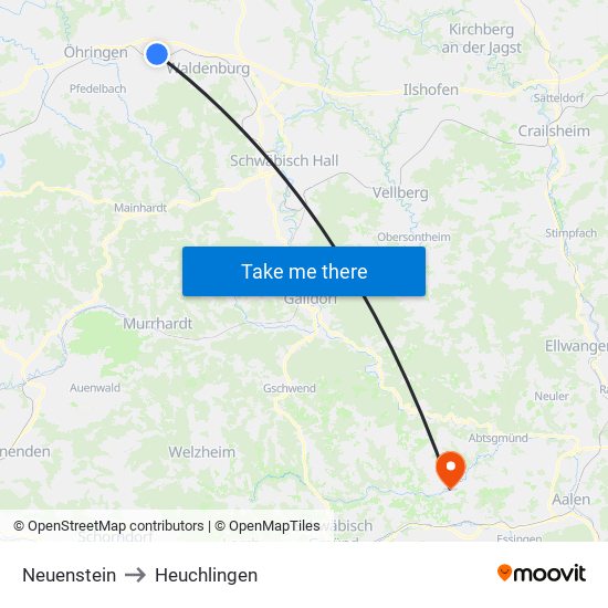 Neuenstein to Heuchlingen map